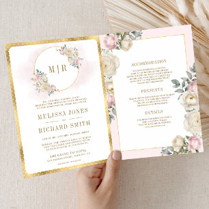Blush Pink Ivory Floral Gold All in One Wedding Invitation