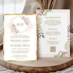 Blush Pink Ivory Floral Gold All in One Wedding Invitation
