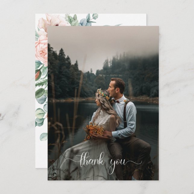 Blush Pink Ivory Floral Photo Thank You Invitation (Front/Back)