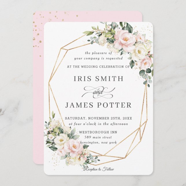 Blush Pink Ivory Floral Wedding Gold Geometric Invitation (Front/Back)