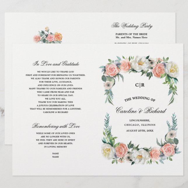  Blush Pink Ivory Floral Wedding Prigram (Front/Back)