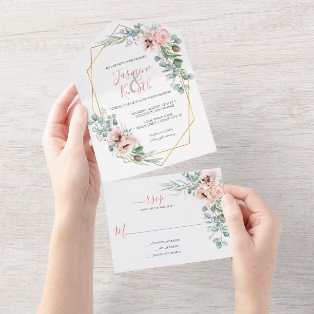 Blush Pink & Ivory Geometric Floral Wedding All In One Invitation (Tearaway)