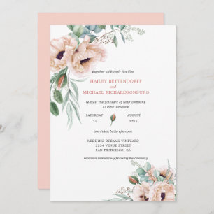 Blush Pink Ivory Poppies Greenery Watercolor Invitation
