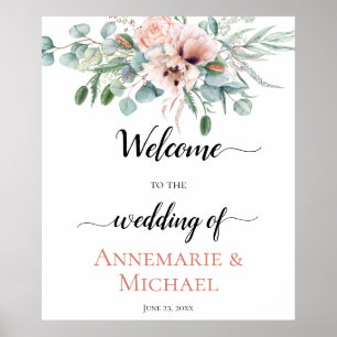 Blush Pink Ivory Poppy Peony Floral Wedding Sign