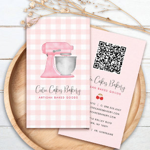 Blush Pink Kitchen Mixer Gingham QR Code Bakery Business Card