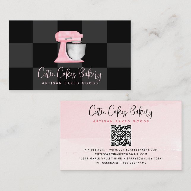 Blush Pink Kitchen Mixer QR Code Black Chequered Business Card (Front/Back)