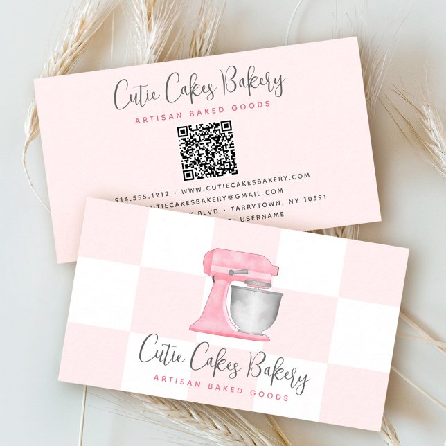 Blush Pink Kitchen Mixer QR Code Chequered Bakery Business Card (Creator Uploaded)