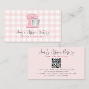 Blush Pink Kitchen Mixer QR Code Gingham Bakery Business Card