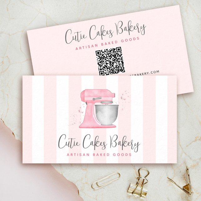 Blush Pink Kitchen Mixer QR Code Stripes Bakery Business Card (Creator Uploaded)