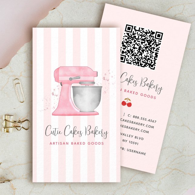 Blush Pink Kitchen Mixer Stripes QR Code Bakery Business Card (Creator Uploaded)