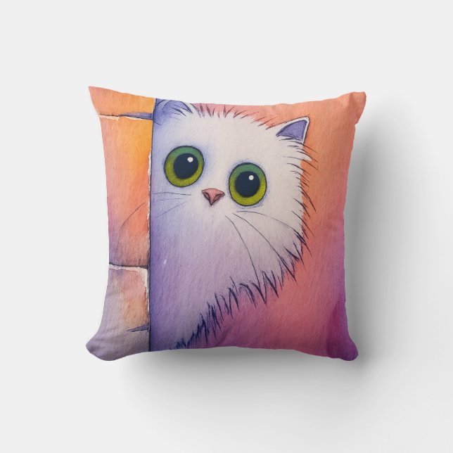 Blush Pink Kitty Whimsical Watercolor Art Cushion (Front)