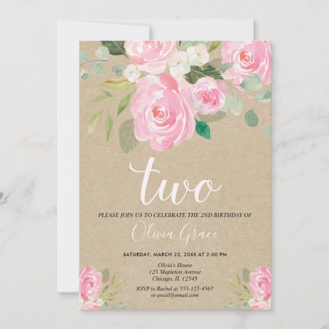 Blush pink kraft 2nd birthday floral girl birthday invitation (Front)