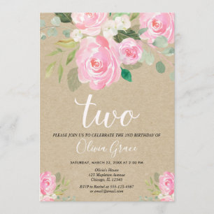 Blush pink kraft 2nd birthday floral girl birthday invitation