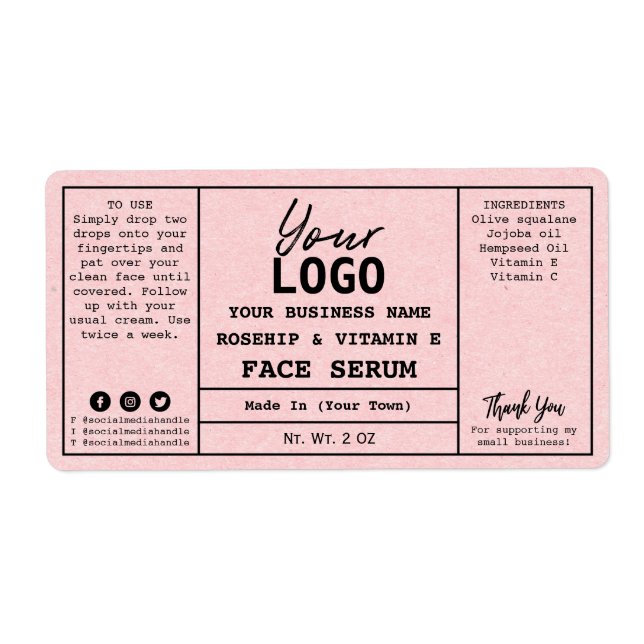 Blush Pink Kraft Paper Rosehip Serum Labels (Front)