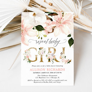 Blush pink lace burlap floral girl baby shower invitation