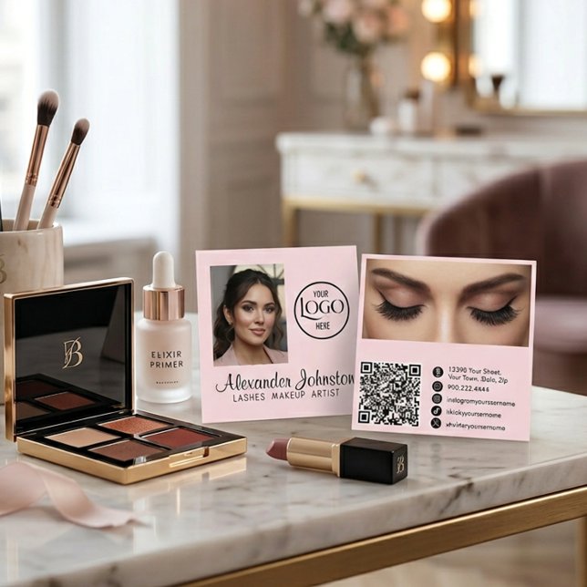 Blush Pink Lashes Makeup Artist Photo QR Code Square Business Card (Blush Pink Lashes Makeup Artist Photo QR Code Square Business Card )