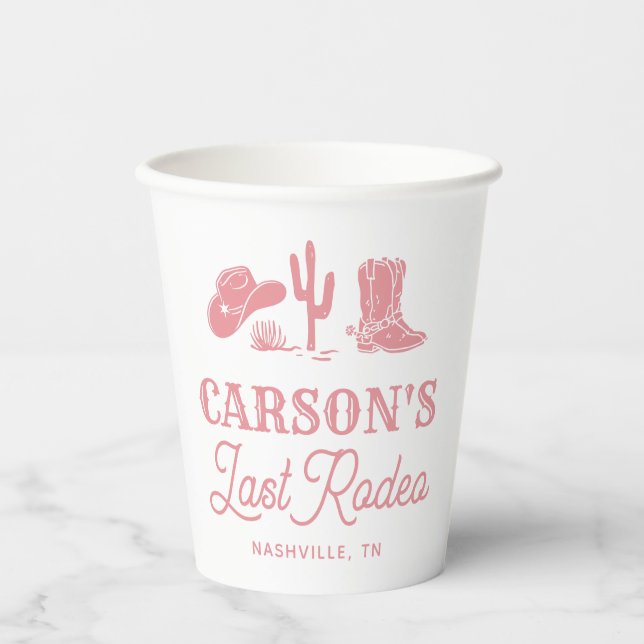 Blush Pink Last Rodeo Cowgirl Bachelorette Party Paper Cups (Front)