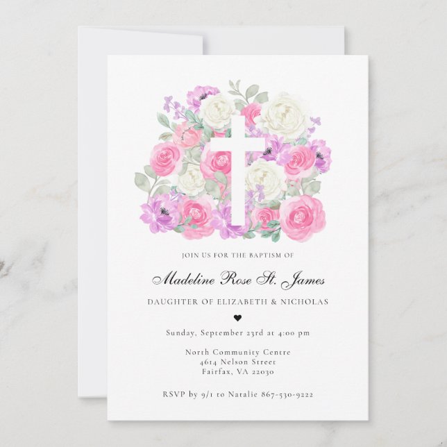 Blush Pink Lavender | Floral Baptism  Invitation (Front)