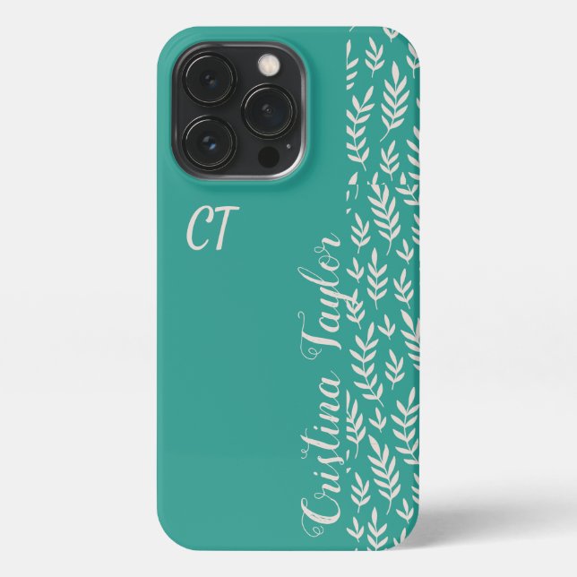 Blush pink Leaf pattern on teal monogrammed iPhone Case (Back)