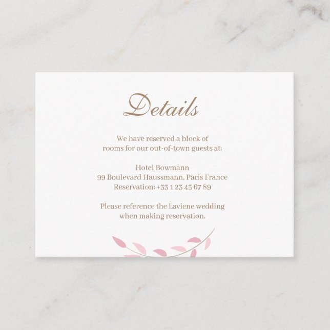 Blush Pink Leaves Gold White Wedding Hotel Detail Enclosure Card (Front)