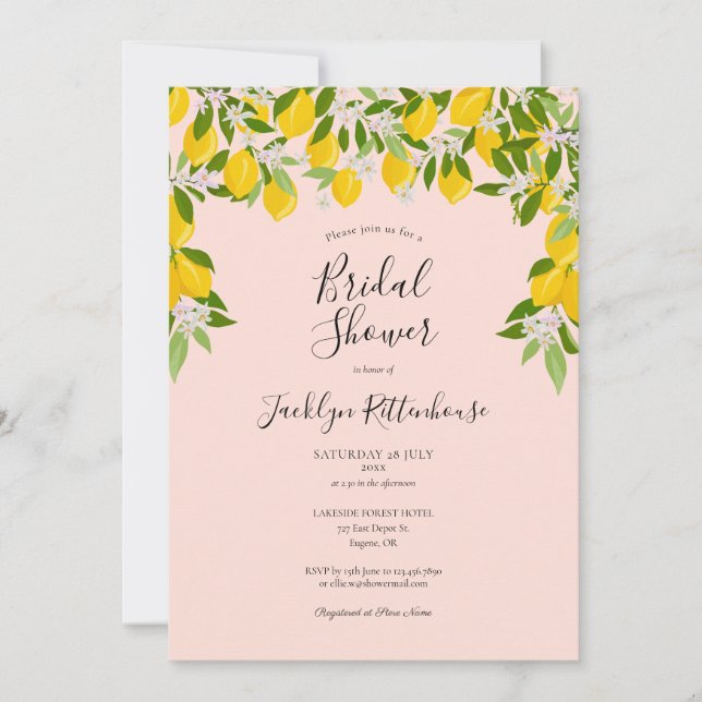 Blush Pink Lemon Blossom Greenery Bridal Shower Invitation (Front)