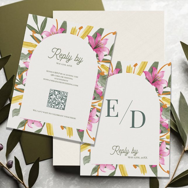 Blush Pink Lily Arched RSVP Card with QR Code (Blush Pink Lily Arched RSVP Card with QR Code | Romantic Botanical Floral Arch Wedding Response Card)