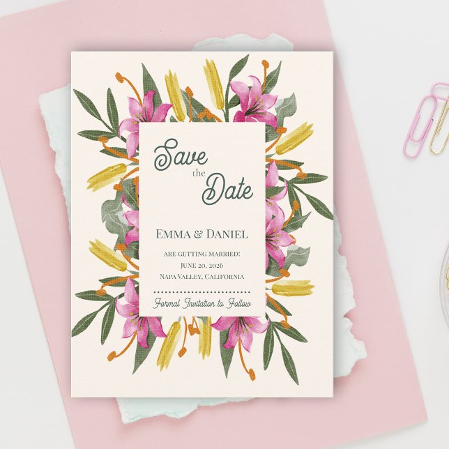Blush Pink Lily Botanical Romantic Wedding Announcement Postcard (Blush Pink Lily Botanical Save the Date | Romantic Watercolor Floral Garden Wedding Announcement)
