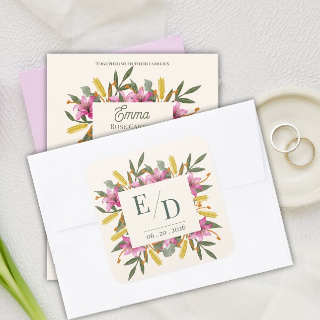 Blush Pink Lily Botanical Wedding Monogram Square Sticker (Blush Pink Lily Botanical Wedding Monogram Sticker | Romantic Watercolor Floral Envelope Seal)