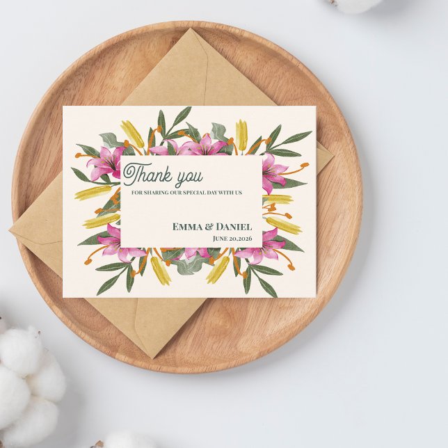 Blush Pink Lily Botanical Wedding Thank You Postcard (Blush Pink Lily Botanical Wedding Thank You Card | Romantic Watercolor Floral Wedding Thank You)