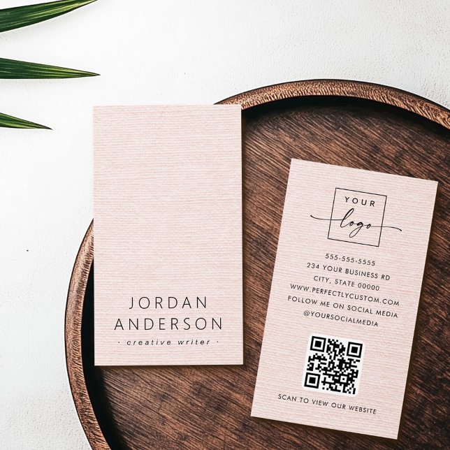 Blush pink linen look logo QR code business cards (Blush pink linen look logo QR code business cards)