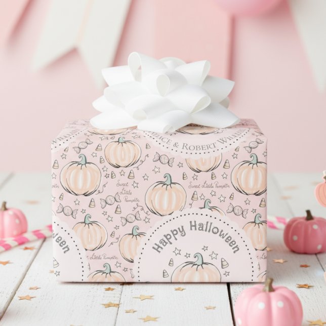 Blush Pink Little Pumpkin Baby Halloween Wrapping Paper (Adorable Pink Kids Halloween Wrapping Paper. Cute Pumpkins, Candy & "Sweet Little Pumpkin Pattern)