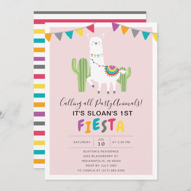 Blush Pink Llama Fiesta Birthday Party Invitation (Front/Back)