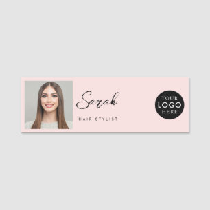 Blush Pink Logo Photo Hair Salon Employee Name Tag