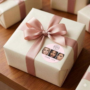 Blush Pink Logo Photo Makeup Thank You Classic Round Sticker