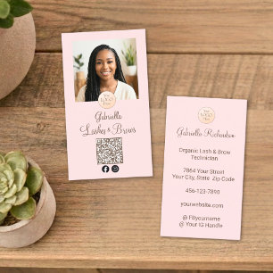 Blush Pink Logo QR Code Photo Lashes and Brows Business Card