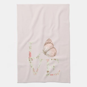 Blush Pink Love Butterfly Floral Tea Towel