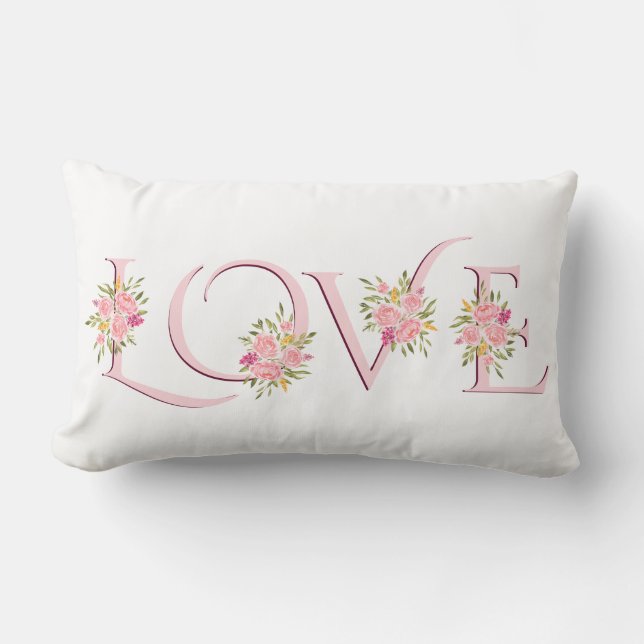 Blush pink Love typography roses Valentines Day Lumbar Cushion (Front)