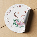 Blush pink magnolia ampersand wedding Thank You Classic Round Sticker<br><div class="desc">Elegant modern wedding couple thank you round sticker / favour label or seal featuring a beautiful blush pink magnolia flowers with eucalyptus foliage and leaves bouquet with a rose gold copper faux glitter ampersand against a clear white (changeable) background. Personalise with the bride's and groom's names and your wedding details!...</div>