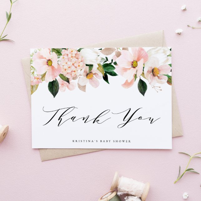 Blush Pink Magnolia and Hydrangea Baby Shower Thank You Card (Creator Uploaded)