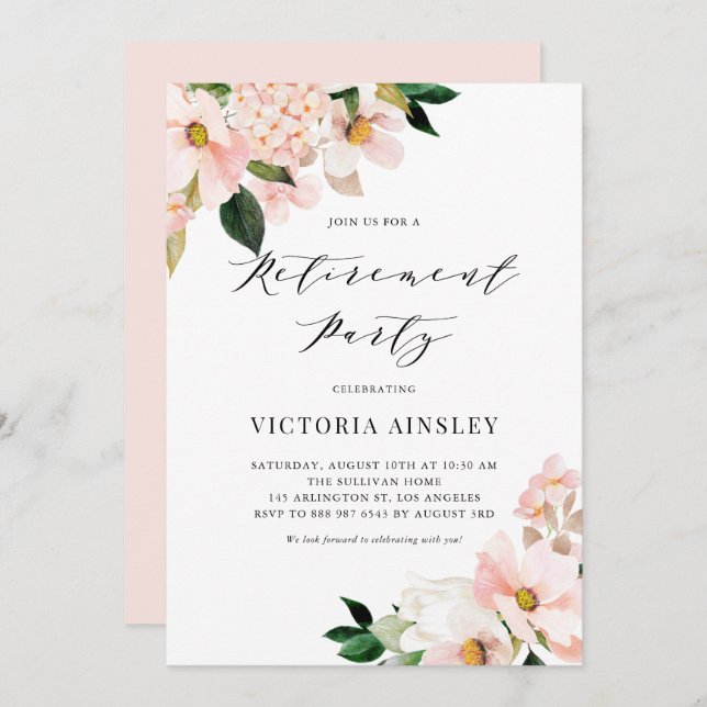 Blush Pink Magnolia and Hydrangea Retirement Party Invitation (Front/Back)