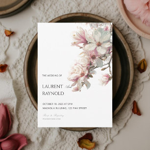 Blush Pink Magnolia Botanical Watercolor Wedding Invitation