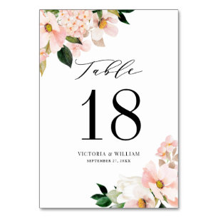 Blush Pink Magnolias and Hydrangeas Rose Gold Table Number