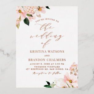 Blush Pink Magnolias and Hydrangeas Spring Wedding Foil Invitation Postcard