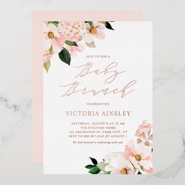Blush Pink Magnolias Rose Gold Foil Baby Shower (Front/Back)