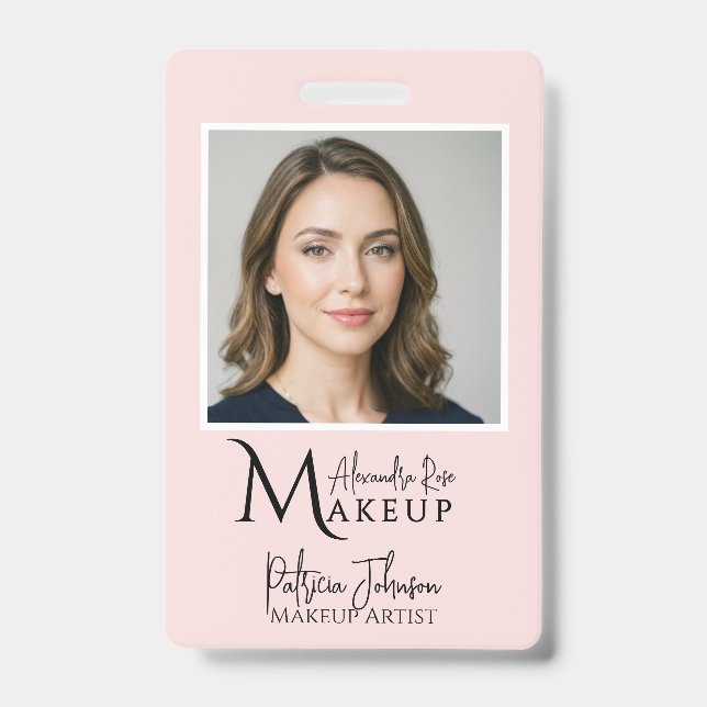 Blush Pink Makeup Script Logo Photo ID Badge (Front)