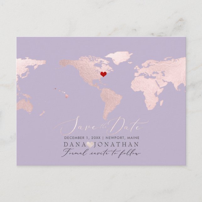 Blush Pink Map, Any Destination Save the Date Postcard (Front)