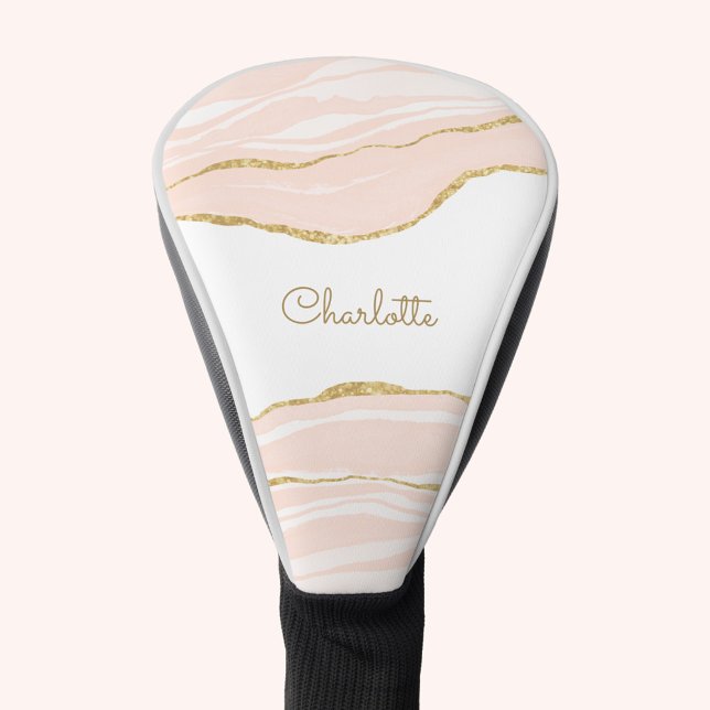 Blush Pink Marble Agate Gold Glitter Personalised Golf Head Cover (Pink watercolor marble agate personalized name golf head cover)