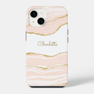 Blush Pink Marble Agate Gold Glitter Personalised iPhone 14 Case