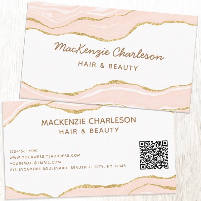Blush Pink Marble Agate Gold Glitter QR Code Business Card (Blush pink agate marble faux gold elegant custom business card with QR code)