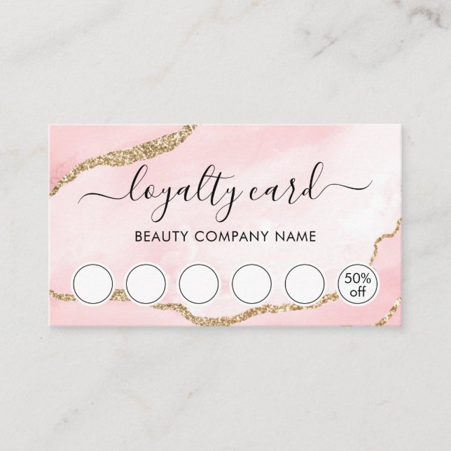 Blush Pink Marble Agate Script Loyalty Card (Front)